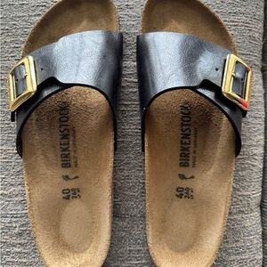 Birkenstock Black Leather Single-Buckle Slide Sandals with Gold Buckles